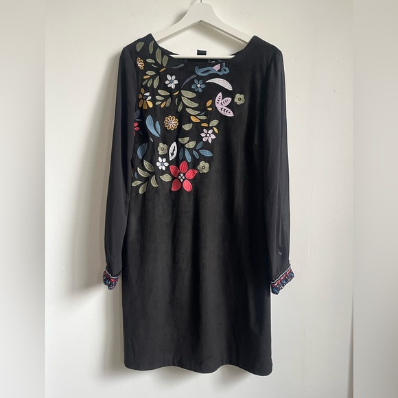 Desigual Sz 8 Embroidered Floral Black Mini Suede dress beads Whimsigoth sheer